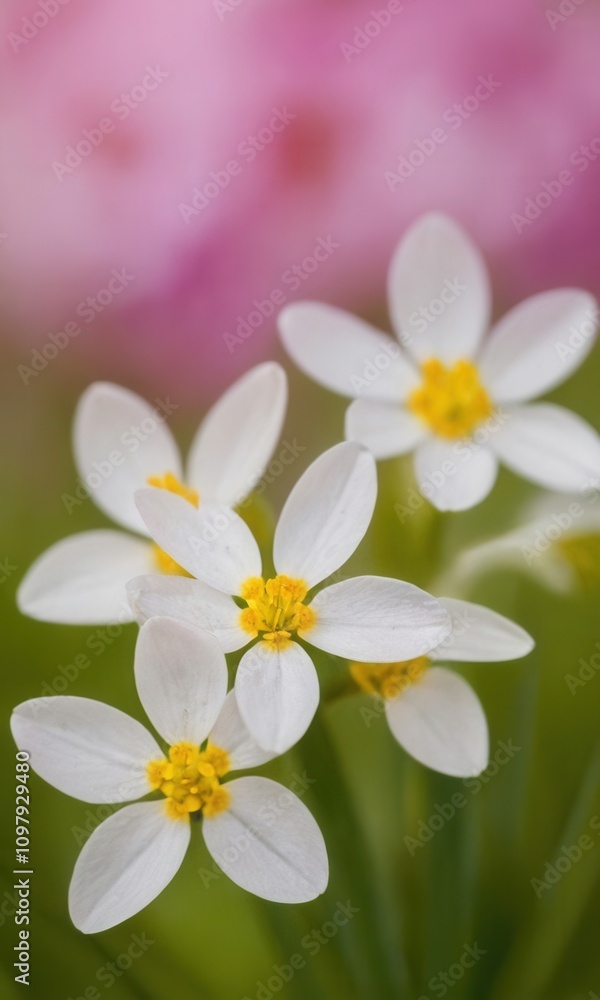 Obraz premium a close-up of several small white flowers with five petals each. The centers of the flowers are bright yellow. The background is blurred, featuring soft shades of pink and green