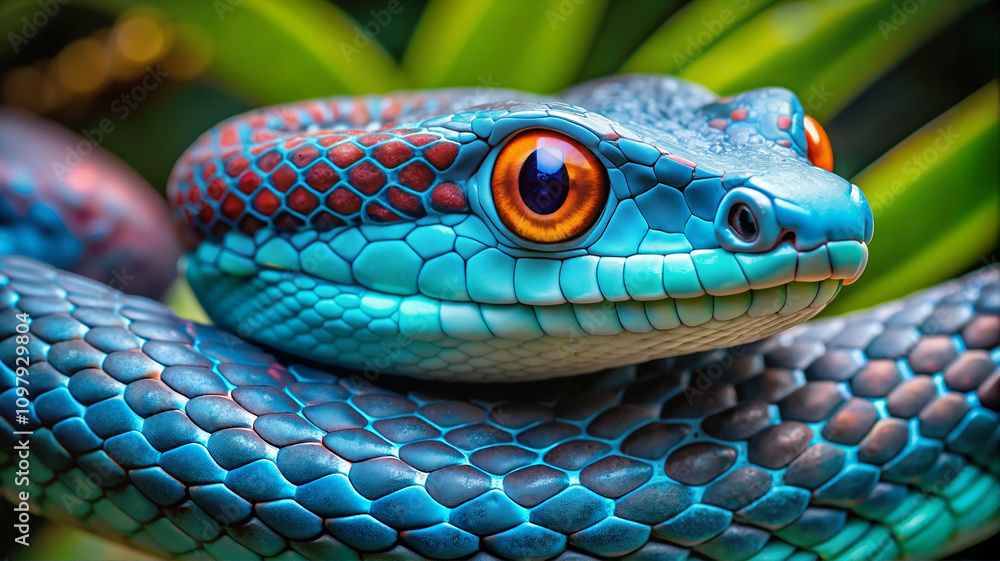 Fototapeta premium Vibrant blue snake with orange eyes close-up