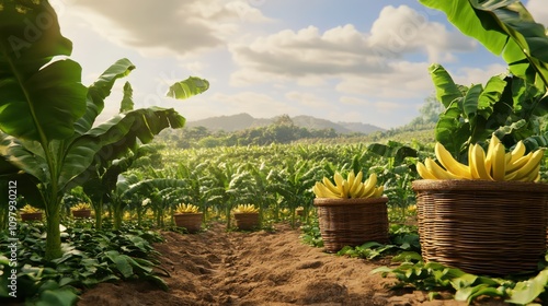 Banana plantation with baskets of ripe bananas.