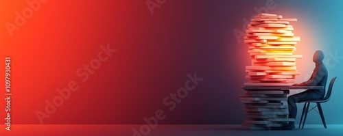 Burnout at the desk concept, A person sitting at a desk, surrounded by a glowing stack of papers, symbolizing work, stress, or information overload against a gradient background.