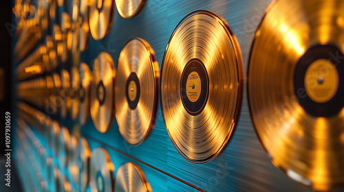 Captivating arrangement of vintage vinyl records in vibrant shades, displayed artistically on a blue wall in a cozy music studio.