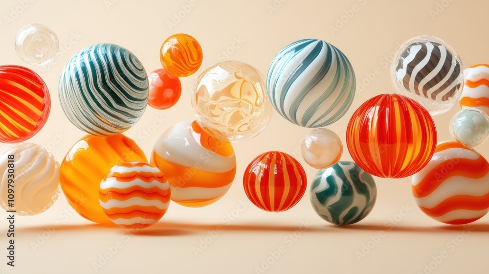 Fototapeta premium Colorful striped spheres float against a beige background.
