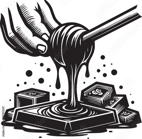 Honey pouring into a pastry dish, a delicious black and white illustration. A stylized, black and white illustration of honey pouring from a ladle into a pastry dish.