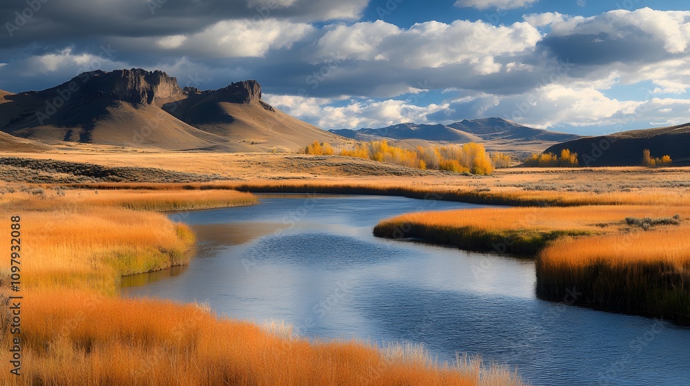 Serene autumn landscape with golden reeds by a peaceful river under a blue sky. Serene autumn landscape with golden reeds by a peaceful river under a blue sky.