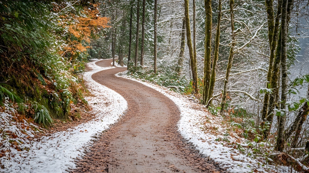 Winding path through a snowy forest landscape, showcasing winter's beauty. Winding path through a snowy forest landscape, showcasing winter's beauty.