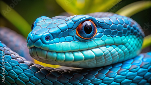 Vibrant blue snake close-up, tropical reptile