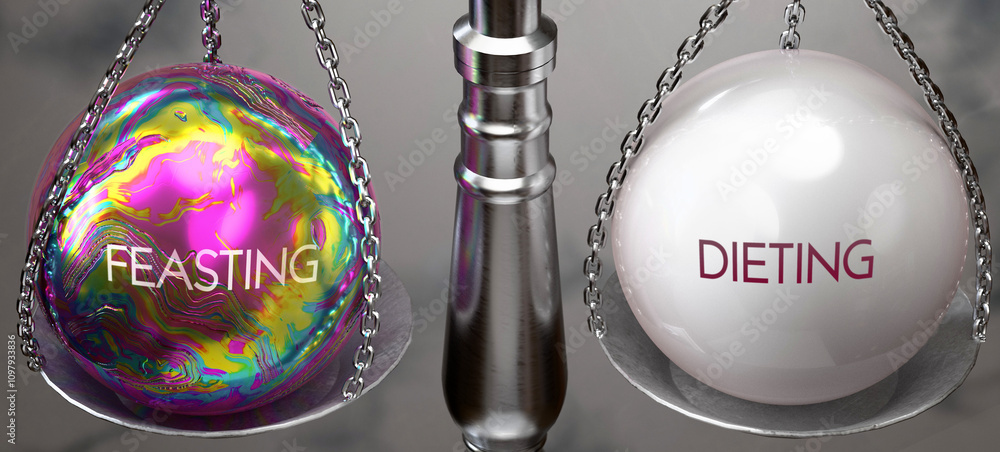 Fototapeta premium Feasting or Dieting - weighing two choices, available options. Choosing between feasting or dieting. Two different course of actions. ,3d illustration