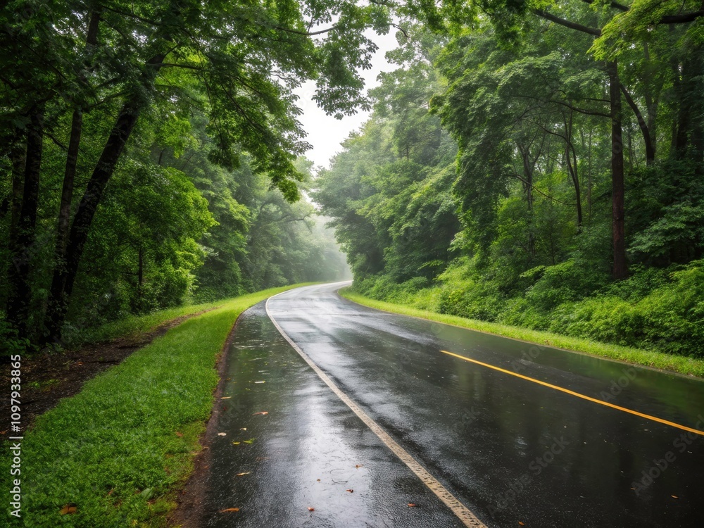 Fototapeta premium Wet Asphalt Road Under Rain: Tranquil Architectural Photography Surrounded by Lush Greenery, Evoking Calmness and Serenity in Nature's Embrace