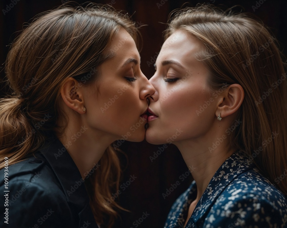 A pair of stylish, stunning women share a tender kiss, their youthful beauty radiating from the close-up portrait. A pair of stylish, stunning women share a tender kiss, their youthful beauty radiating from the close-up portrait.