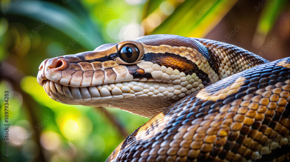 Obraz premium Python close-up with vibrant scales in natural habitat