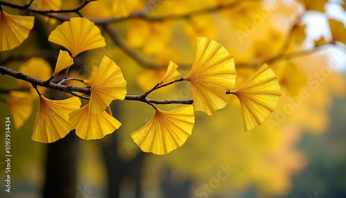 Vivid yellow autumn leaves or Close-up of golden leaf tree photo