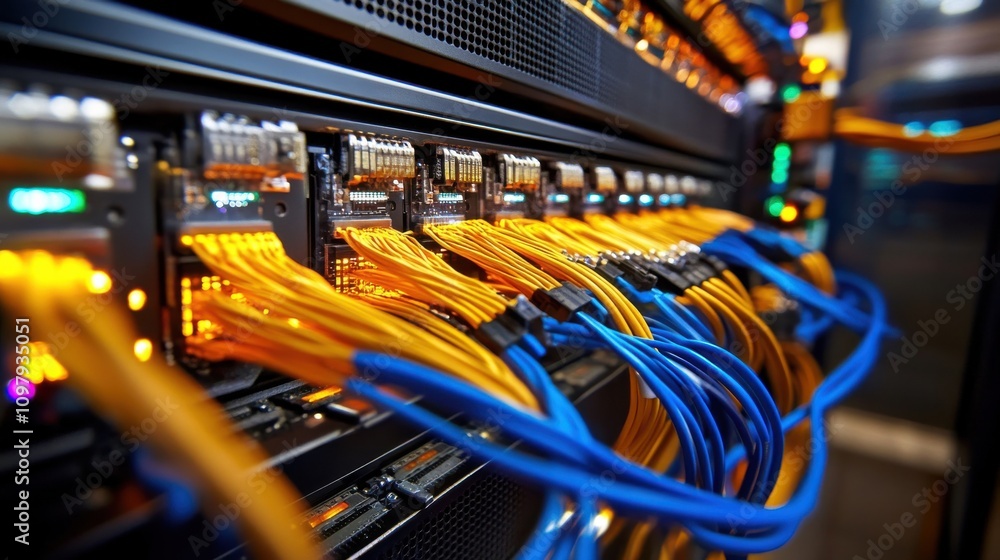 Naklejka premium A network of cables is shown in a bright yellow and blue color scheme