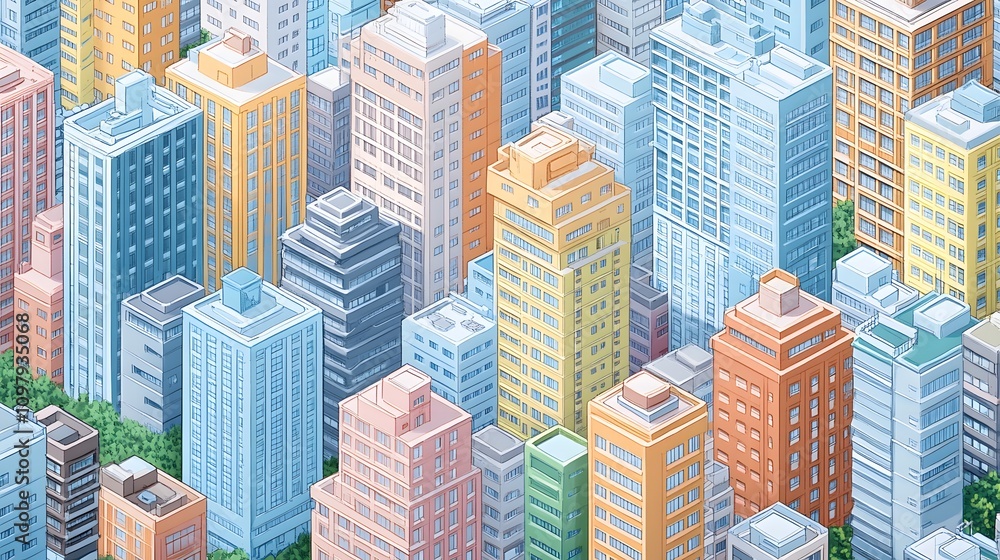 Fototapeta premium Vibrant city skyline illustration filled with colorful buildings and greenery.