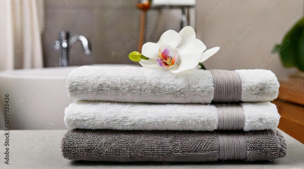 set of neatly folded towels with an orchid on top set of neatly folded towels with an orchid on top
