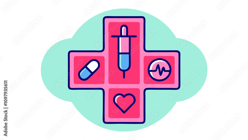 Obraz premium A flat medical cross icon with smaller icons inside it, including a pill, syringe, and heartbeat monitor, set on a white background with soft medical symbols in the corners