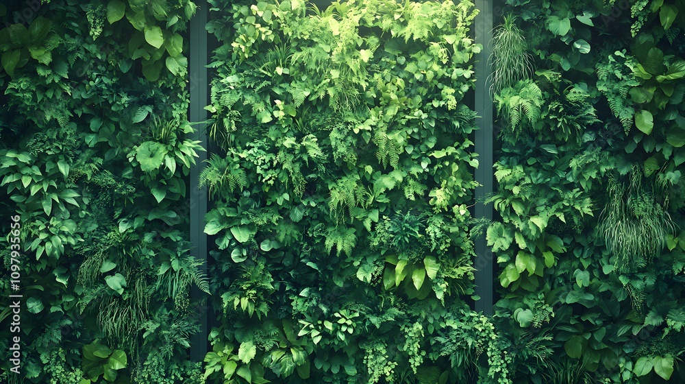 Fototapeta premium Lush green vertical garden filled with diverse foliage and vibrant plant life.