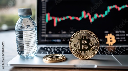 A young investor analyzing a cryptocurrency market trend on a laptop, with branded water bottles, photo