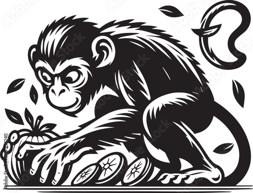 Cute Monkey Eating a Coconut, Vector Illustration. A cheerful, cartoon-style monkey in black and white is depicted eating a coconut.