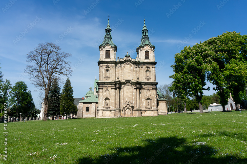 Two-tower facade in Baroque style, oldest Cistercian Abbey in county. Jędrzejów, Poland. Two-tower facade in Baroque style, oldest Cistercian Abbey in county. Jędrzejów, Poland.