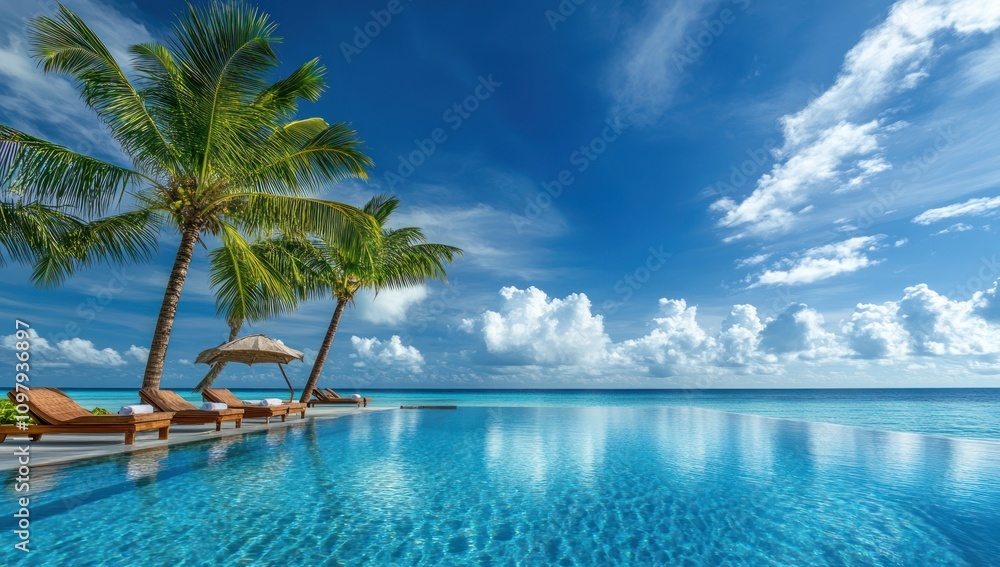 Tranquil Paradise: Palm Trees, Pool, and Azure Sky Tranquil Paradise: Palm Trees, Pool, and Azure Sky