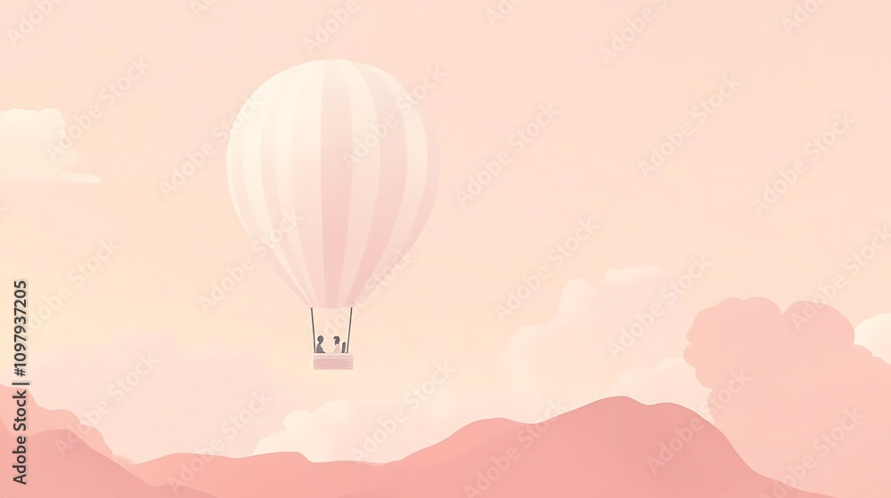 Fototapeta premium Couple flying on hot air balloon over pink mountains at sunset