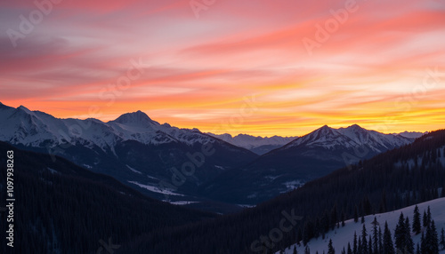 Golden hour paints the mountain landscape with hues of orange and pink, as mist rises from the valleys below