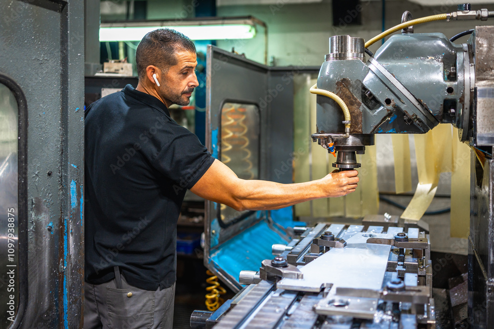 Operator working with milling machine in factory Operator working with milling machine in factory