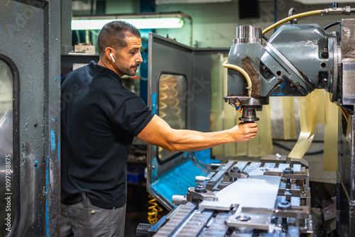 Operator working with milling machine in factory