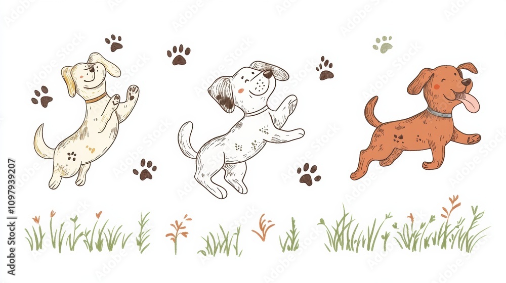 Three dogs joyfully play in a grassy area, showcasing charming doodle styles and leaving paw prints behind as they explore. Generative AI Three dogs joyfully play in a grassy area, showcasing charming doodle styles and leaving paw prints behind as they explore. Generative AI