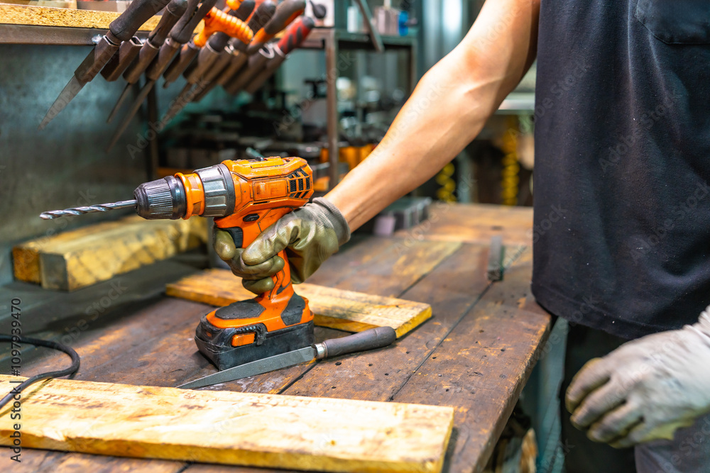 Worker using an electric drill in a factory Worker using an electric drill in a factory