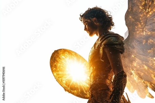 Golden angel, glowing shield, bright wings. photo