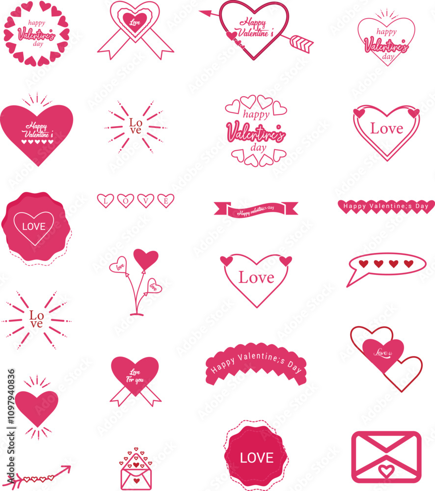 Set of Valentine's day decorative elements. Ribbons, bows, garlands, gift boxes, balloons, envelopes, heart shaped frames Set of Valentine's day decorative elements. Ribbons, bows, garlands, gift boxes, balloons, envelopes, heart shaped frames