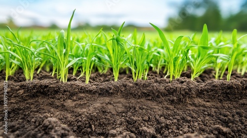 Lush green seedlings emerging from rich soil in a vibrant agricultural field.