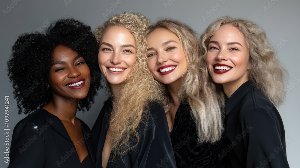 four women poses against a smooth grey backdrop, each displaying their unique fashion sense. The women share laughter and smiles, four women poses against a smooth grey backdrop, each displaying their unique fashion sense. The women share laughter and smiles,