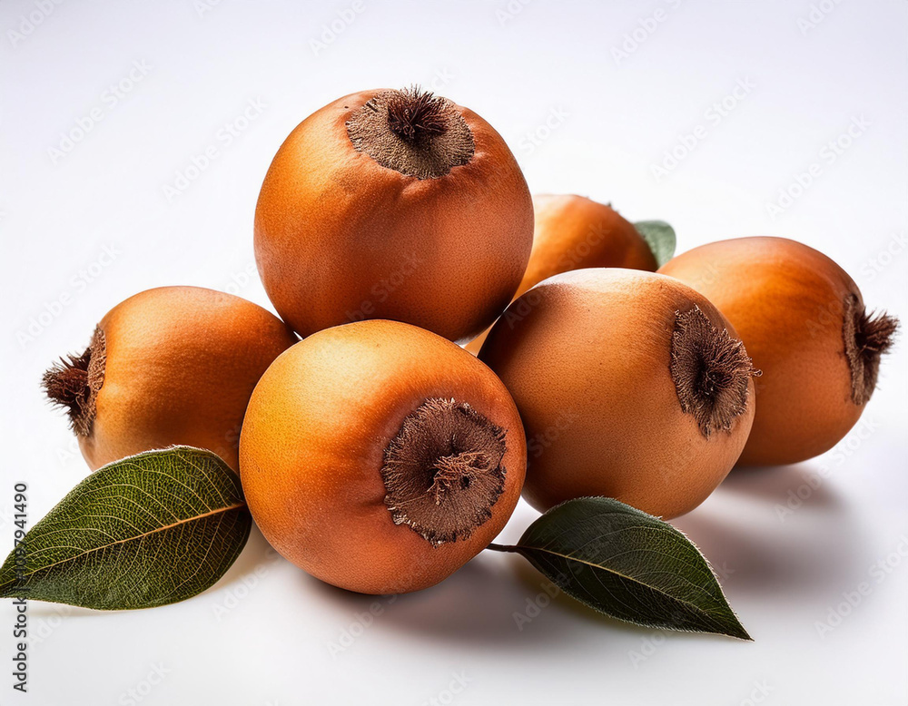 Fototapeta premium Fresh medlar fruit arranged with green leaves on a white background for a colorful display of nature's bounty