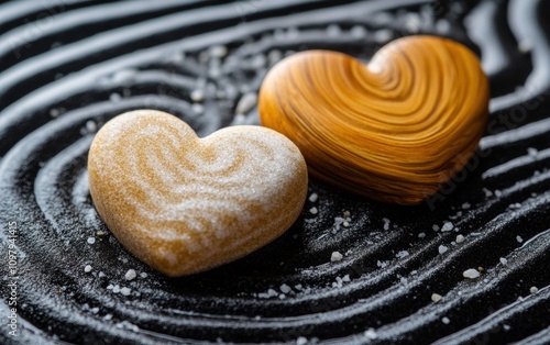 Two Beautiful Heart-Shaped Stones on Black Textured Surface with White Salt Crystals, Symbolizing Love and Connection in a Serene Environment