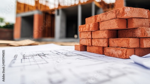 a stack of red bricks neatly arranged on a construction site, with a blueprint of a house project laid out beside them, photo