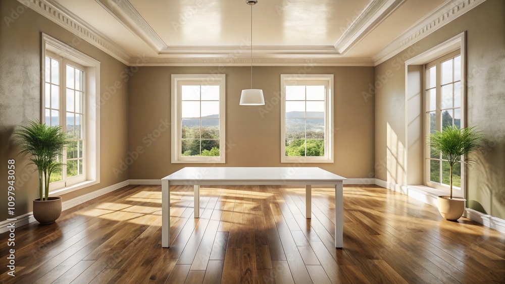 Fototapeta premium Panoramic View of a Spacious Empty Room Featuring a Large White Square Table and a Bright Window Illuminating the Space with Natural Light