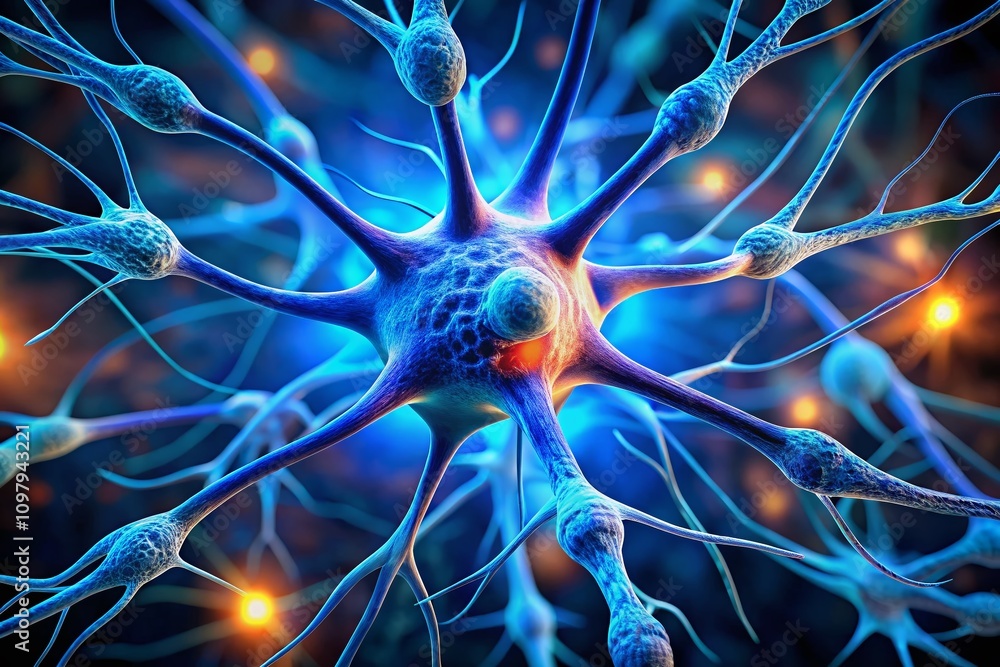 Panoramic View of a Vibrant Blue Neuron with a Blue Stem Surrounded by a Blue Brain, Showcasing the Intricacies of Neural Connections in a Stunningly Detailed Composition Panoramic View of a Vibrant Blue Neuron with a Blue Stem Surrounded by a Blue Brain, Showcasing the Intricacies of Neural Connections in a Stunningly Detailed Composition