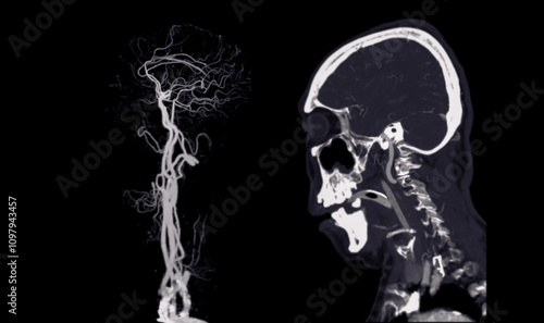 The CT Angiography (CTA) scan of the brain and neck, showcasing the intricate vascular network in vivid detail. It highlights major blood vessels, aiding in diagnosing cerebrovascular conditions.