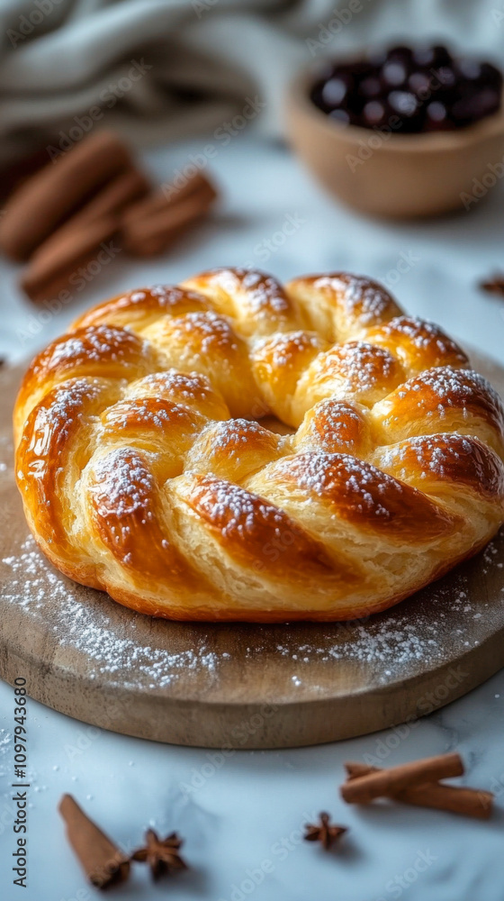 Freshly baked braided bread covered with powdered sugar on wooden board Freshly baked braided bread covered with powdered sugar on wooden board