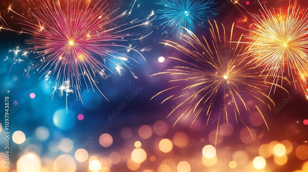 Fototapeta premium New Year Eve fireworks over a festive cityscape background for document