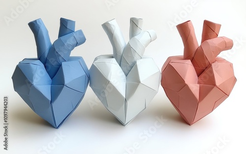 Three Unique Origami Hearts in Blue, White, and Pink Tones Showcasing Intricate Paper Folding Art for Valentine's Day or Romantic Themes