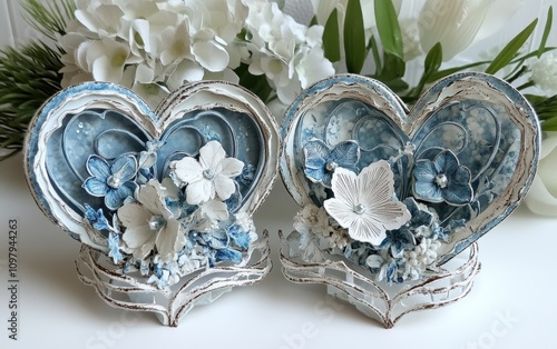 Decorative Heart-Shaped Arrangements with Blue and White Flowers on a Light Background Featuring Artistic Craftsmanship and Intricate Design Elements