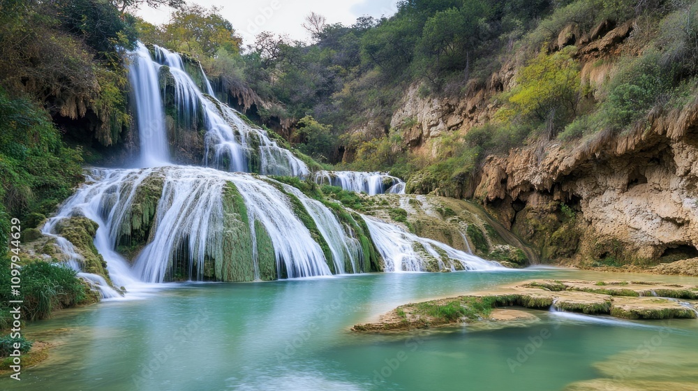 Obraz premium Serene Multi Tiered Waterfall Cascades Down Rocky Cliffs