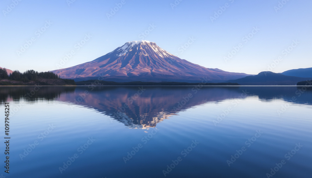 Reflective Lake Mirrors Snowy Mount Fuji's Peak Against a Serene Sky Reflective Lake Mirrors Snowy Mount Fuji's Peak Against a Serene Sky