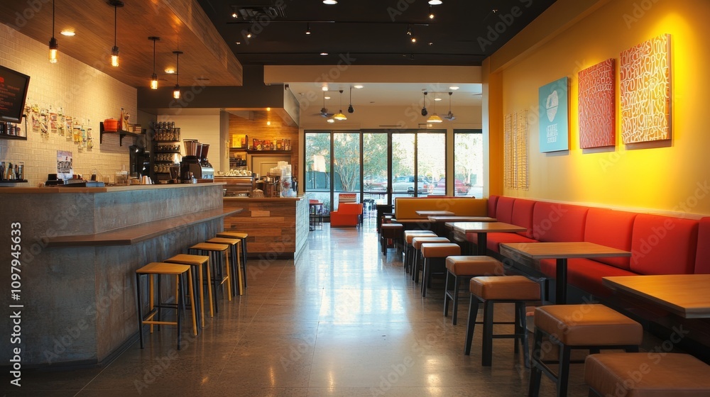 Obraz premium Cafe interior with bright lighting, modern furniture, and a spacious setup