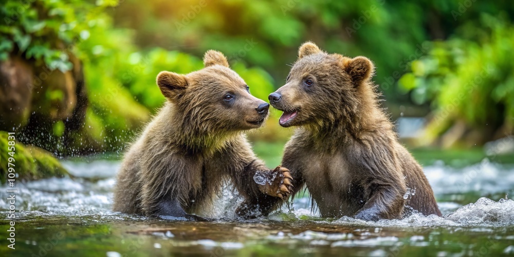Obraz premium Playful Chubby Baby Bear Cubs Wrestling in a Forest Stream Surrounded by Lush Greenery and Gentle Water Flow, Capturing the Joyful Spirit of Nature and Wildlife