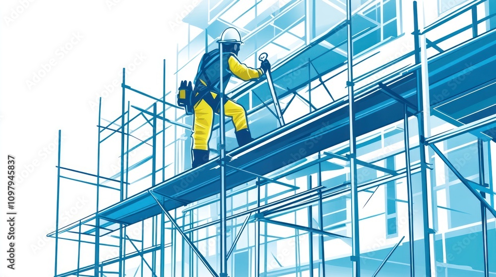 Fototapeta premium Construction Worker on Scaffolding Illustration - High-Rise Building Project