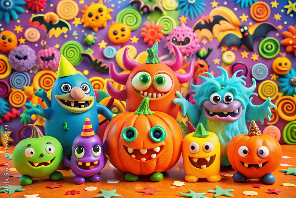 Fototapeta premium Playful Halloween Monsters with Cheerful Faces on Colorful Patterns for Festive Decor and Celebrations